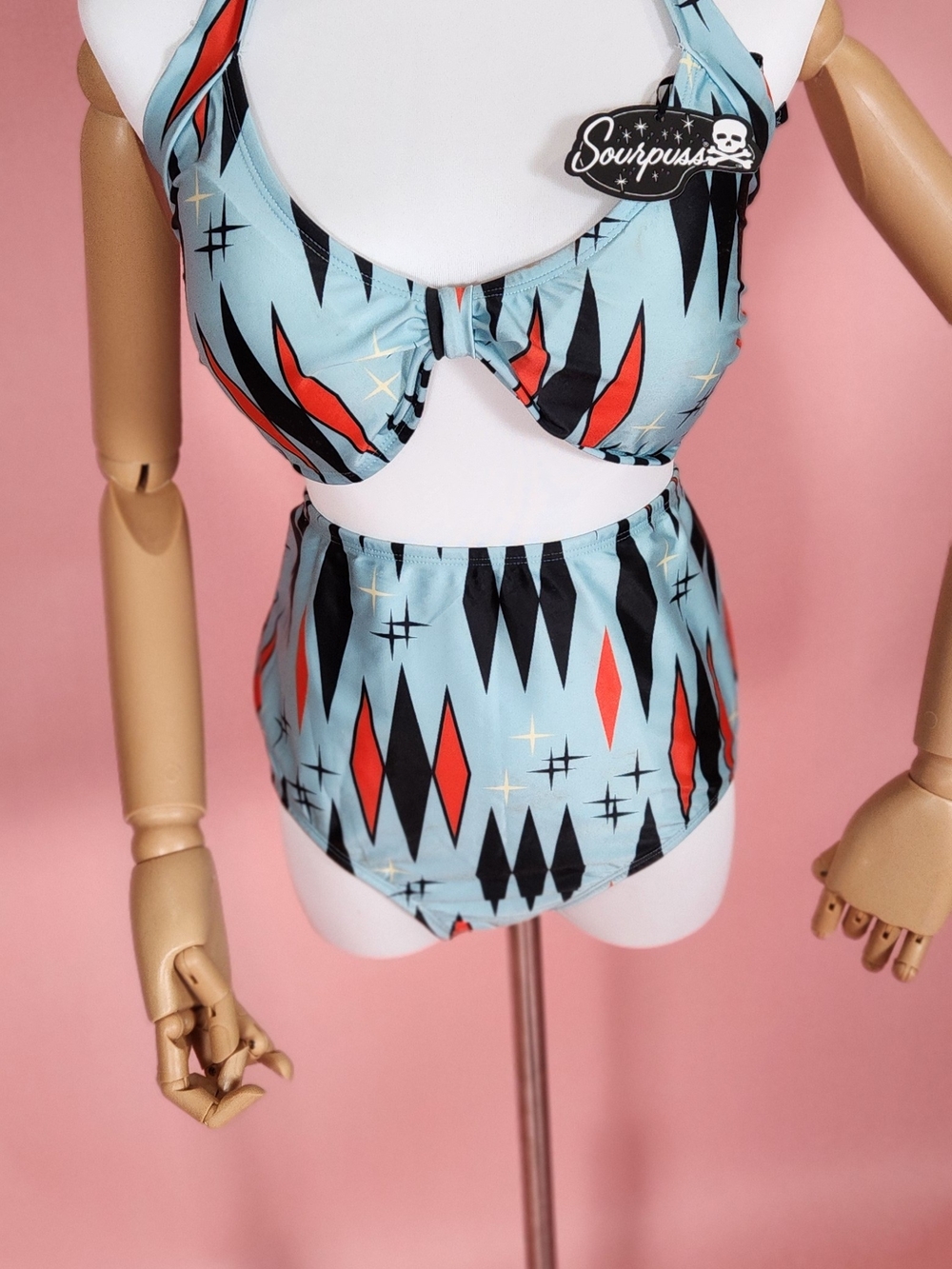 Sourpuss Retro Diamond Print High-Waist Bikini - Light Blue & Black & Red